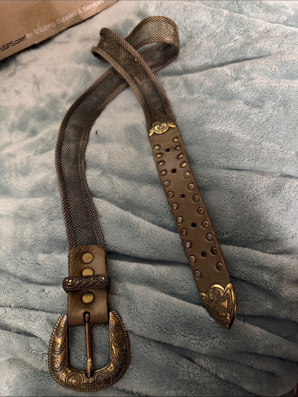 USMECO Belt Vintage Metal Belt w/ leather ends & ornamental rivets Made in Paris